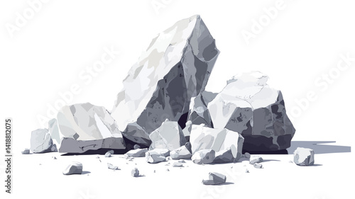 A digital illustration depicts a group of irregularly shaped grey stone fragments set against a pure white background.