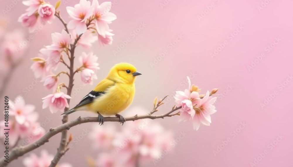 A vibrant yellow bird perched on a bloom. A vibrant yellow bird perched on a bloom.