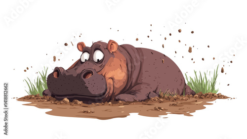 A digital illustration of a cartoon hippopotamus lying in the mud. The hippopotamus is drawn in a childlike style, with exaggerated features and a playful expression. Its skin is a rich brown.