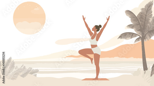 A stylized vector illustration of a tanned woman practicing yoga, specifically balancing poses, on a beach at sunrise. The style is minimalist and uses pastel tones.