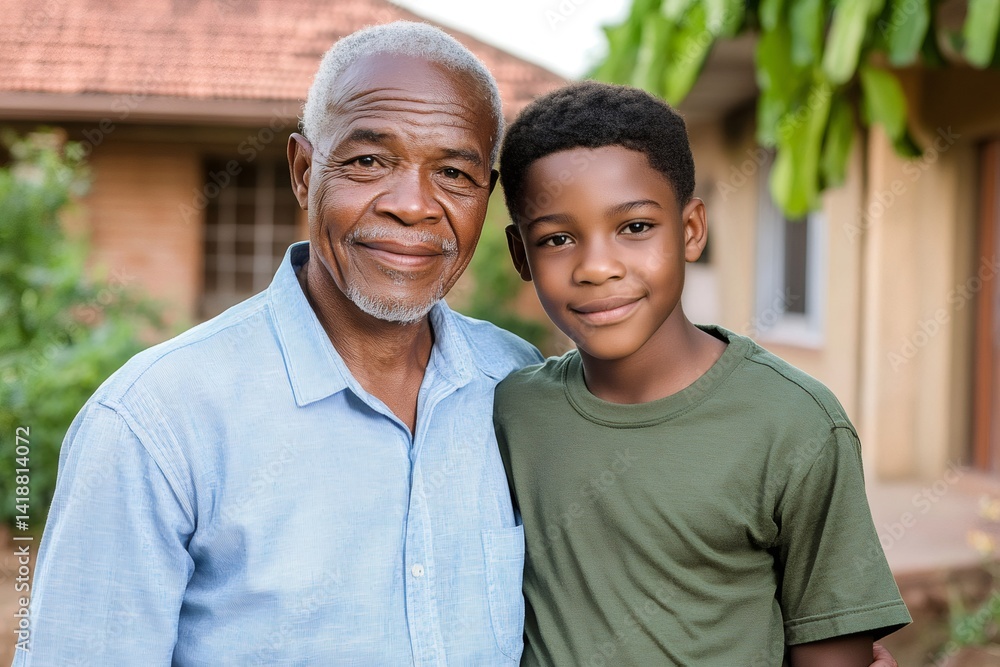Grandfather and grandson smiling together in front of their house Grandfather and grandson smiling together in front of their house