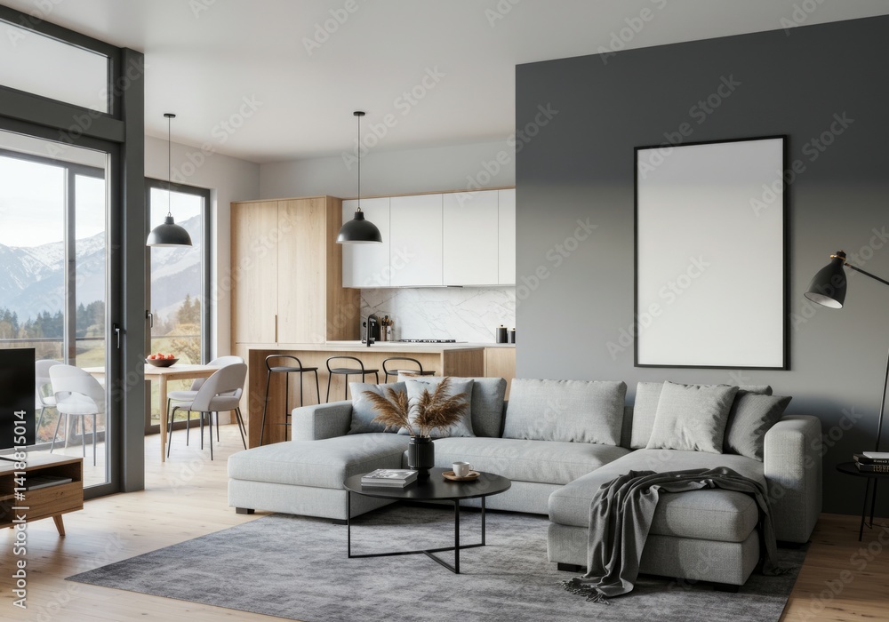 Fototapeta premium Modern living room and kitchen with empty poster on wall.