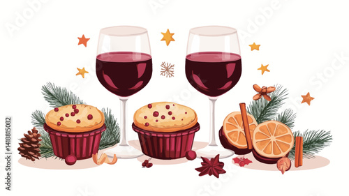 A digital illustration shows two cranberry muffins sandwiched between two glasses of rich red wine. The muffins are rendered in a painterly style, with a slightly textured surface visible.