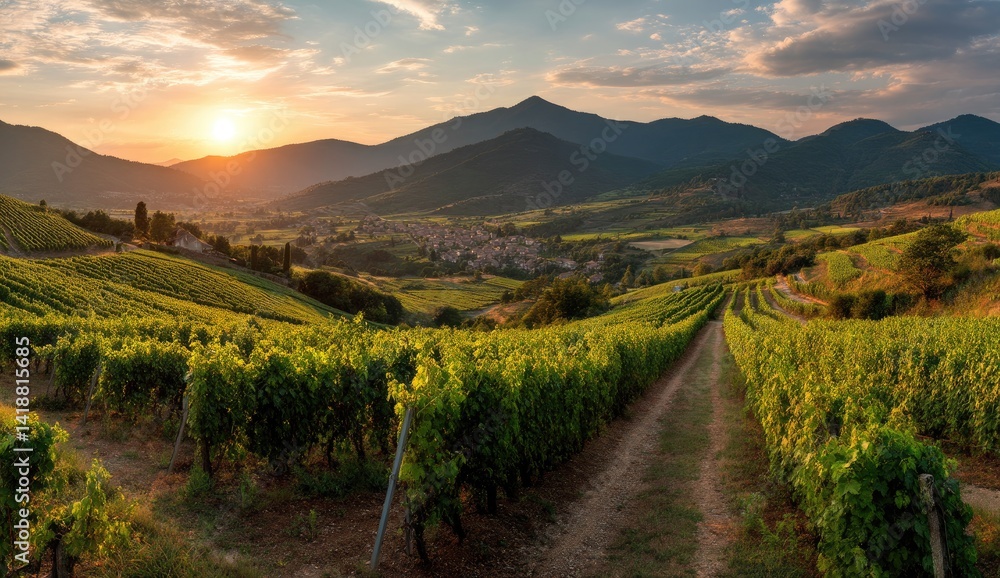 Naklejka premium Vineyards at Sunset: Serene Hillside Landscape with Lush Grapevines and Golden Hour Light, Picturesque Village in Valley