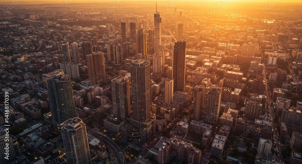 Fototapeta premium Aerial View of City Skyline at Sunset