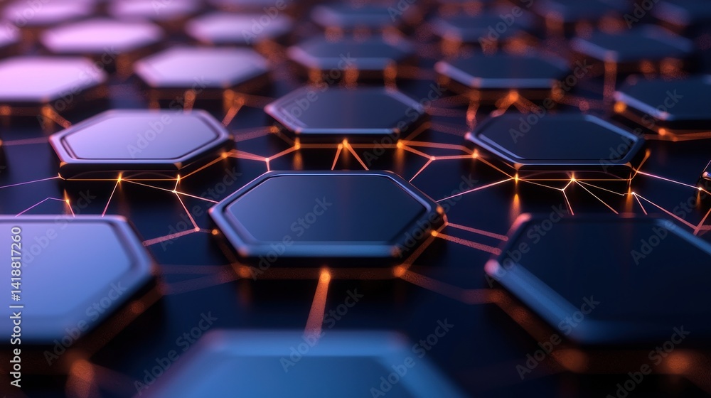 Abstract hexagonal network, futuristic technology, connected grid, glowing lines Abstract hexagonal network, futuristic technology, connected grid, glowing lines