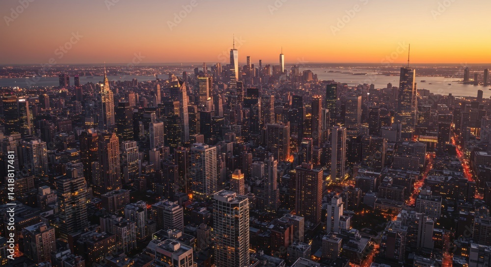 Naklejka premium Aerial View of City Skyline at Sunset