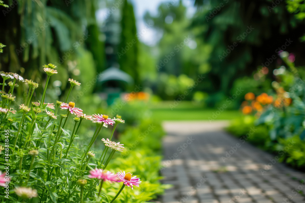 Pink and white coneflowers in the foreground with a blurred garden path and greenery in the background. With copy space.