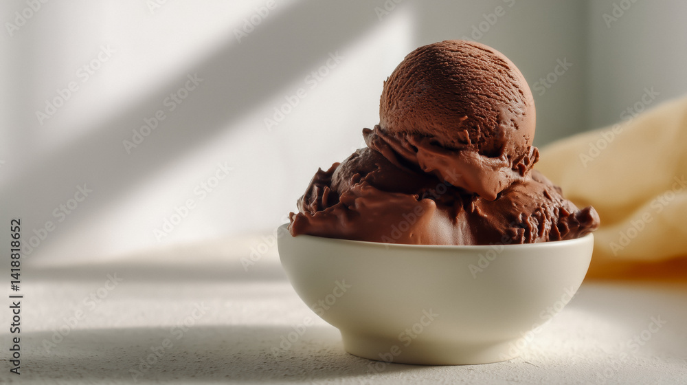 Three scoops of chocolate ice cream in a white bowl on a wooden table with a light blue background.