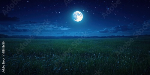 Fototapeta Naklejka Na Ścianę i Meble -  full moon over grassy meadow at night