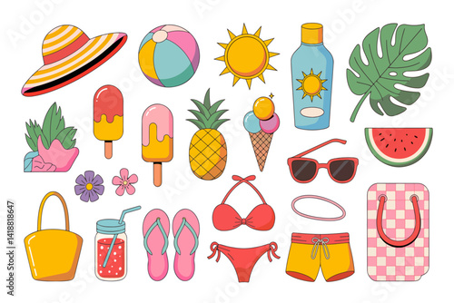 A collection of colorful retro-style summer illustrations including a hat, beach ball, sun, sunscreen, ice cream, pineapple, swimsuit, and more.