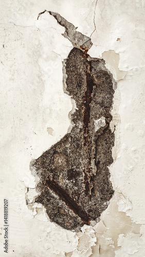 Distressed wall texture with exposed rebar and peeling paint creates a stark ...