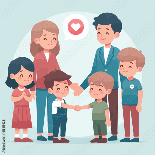 vector image of parents and small children greeting