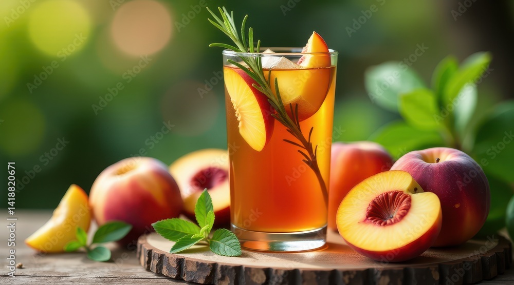Fototapeta premium Refreshing peach iced tea garnished with rosemary and surrounded by ripe peaches, set against a vibrant outdoor backdrop