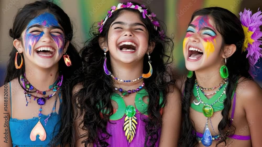 Joyful Children Laughing Together in Colorful Costumes at a Festive Outdoor Celebration Joyful Children Laughing Together in Colorful Costumes at a Festive Outdoor Celebration