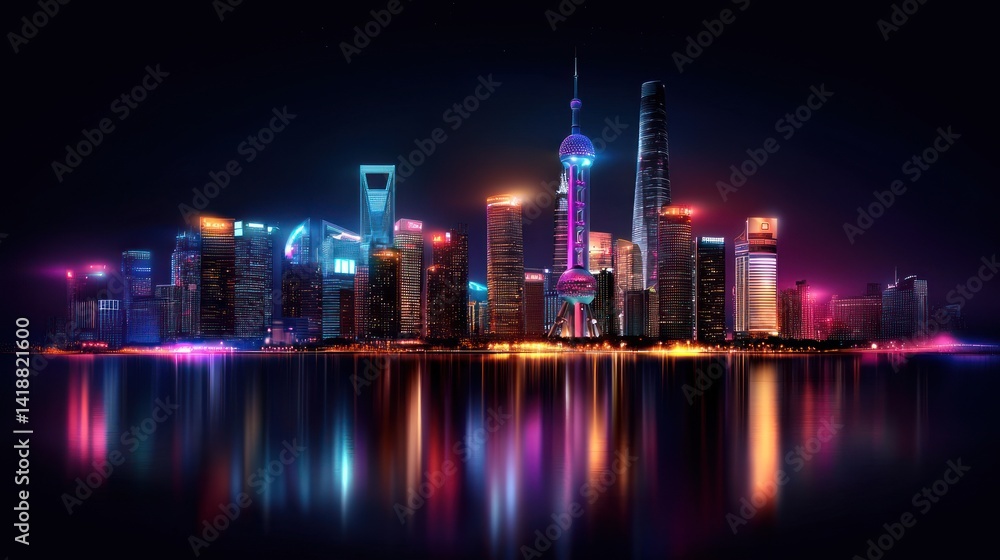 Fototapeta premium Vibrant Night Cityscape Reflecting on Water