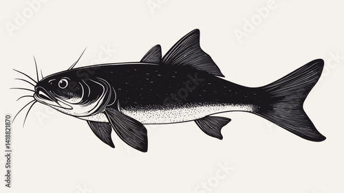 This is a detailed monochrome illustration of a catfish. The artwork is primarily black and white, with varying shades of grey used to create depth and texture. Catfish.