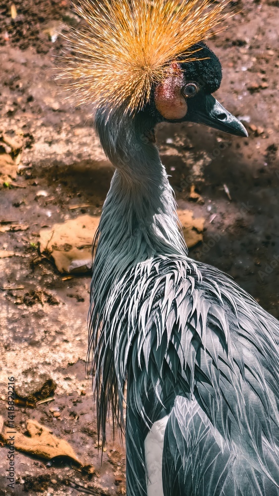 Fototapeta premium Portrait of a Grey Crowned Crane, Majestic Bird with Golden Crown