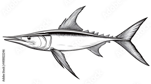 This image is a detailed monochrome illustration of a swordfish. The work is rendered in grayscale, using subtle shading to depict the form and texture of the fish. Swordfish.