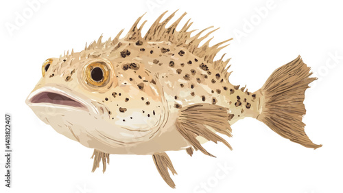 A detailed digital illustration shows a spiny dory fish, rendered in light beige with dark brown spots throughout its body. The fish is shown in three-quarter view.