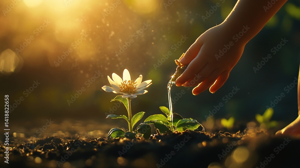 Fototapeta premium Child watering flower, sunset garden, growth, nature