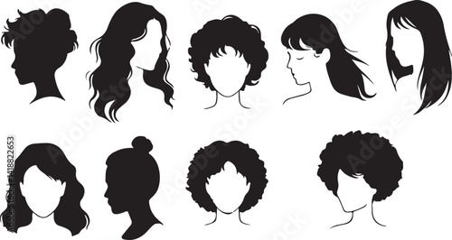 A collection of different women's hairstyles depicted in clean, black line art silhouettes against a white background.