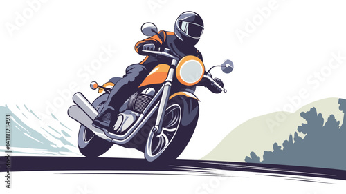 The vector depicts a heavily armed motorcyclist riding a classic-style motorcycle on a winding road. The motorcycle has a bright orange fuel tank and a dark roof.