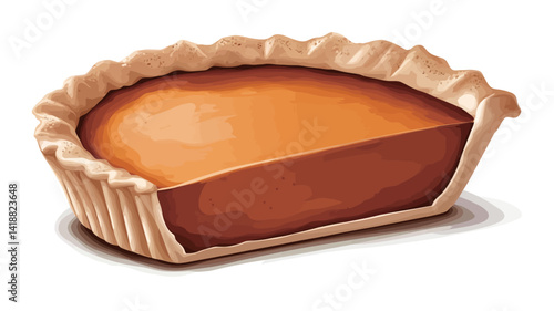This digital rendering shows a cross section of a pumpkin pie. The crust is light brown, fluted, and slightly textured. The filling is rich.