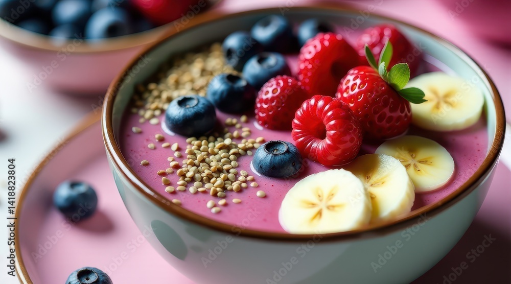 A vibrant smoothie bowl topped with fresh raspberries, blueberries, banana slices, and seeds, offering a colorful and healthy breakfast option A vibrant smoothie bowl topped with fresh raspberries, blueberries, banana slices, and seeds, offering a colorful and healthy breakfast option