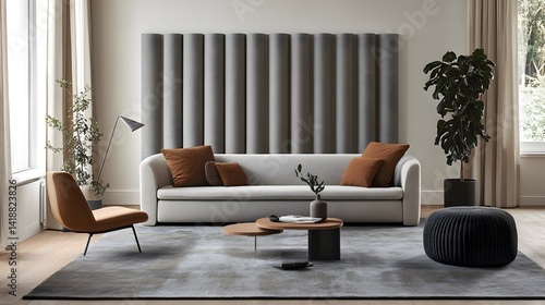 A serene office living room with soundproofing details, including a thick, plush rug, heavy curtains, and textured acoustic panels, creating a quiet and focused environment
