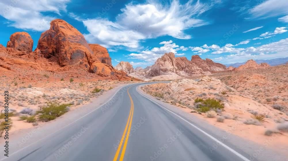 Scenic winding road through stunning red rock formations under a bright blue sky with fluffy white clouds Scenic winding road through stunning red rock formations under a bright blue sky with fluffy white clouds