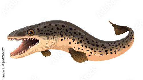 A detailed digital illustration of Dunkleosteus terrelli, an extinct placoderm from the Devonian period. The illustration shows the fish in three-quarter profile against a pure white background.