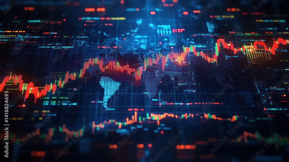 Obraz premium Futuristic financial market data visualization with glowing neon graphs and charts digital business investment statistics global stock trading analysis