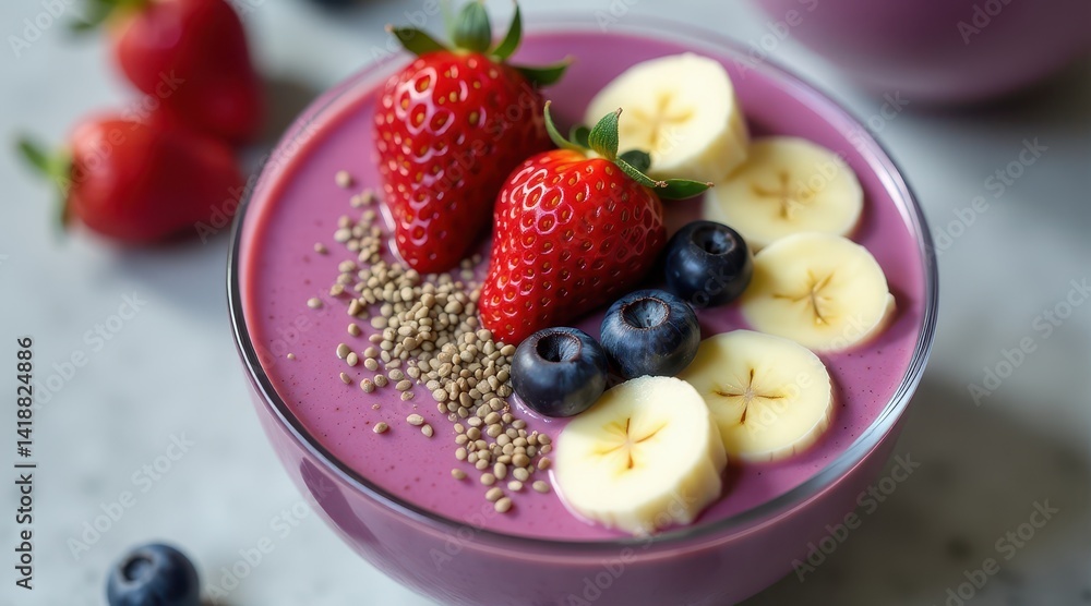 A vibrant smoothie bowl topped with fresh raspberries, blueberries, banana slices, and seeds, offering a colorful and healthy breakfast option A vibrant smoothie bowl topped with fresh raspberries, blueberries, banana slices, and seeds, offering a colorful and healthy breakfast option