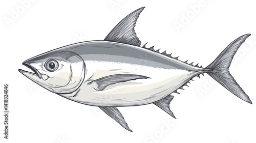 This image shows a detailed grayscale illustration of a tuna, in a style similar to a pencil or charcoal sketch. The side view of the tuna shows its.