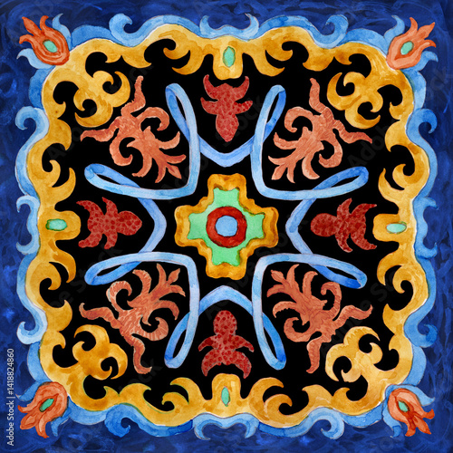 Watercolor painted tile with hand drawn geometrical and floral ornaments isolated on a black background