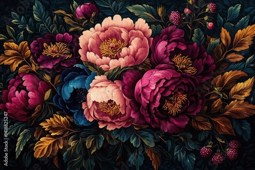 Fototapeta Naklejka Na Ścianę i Meble -  Floral arrangement with pink, magenta, and blue peonies and greengold leaves