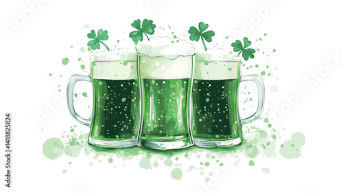 digital watercolor painting depicts three glasses of frothy green beer, closely spaced against a white background. The beer is a vivid dark emerald green with a layer of white foam on top.