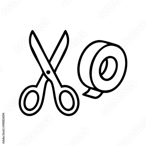 Minimalist black outline icon of scissors and adhesive tape, ideal for DIY projects, school tools, office supplies, or art and craft content.