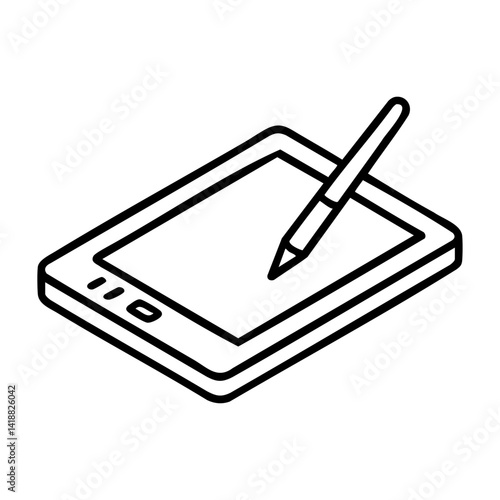 Minimal black outline icon of a graphic tablet and stylus pen, ideal for design apps, digital art tools, or creative tech branding.