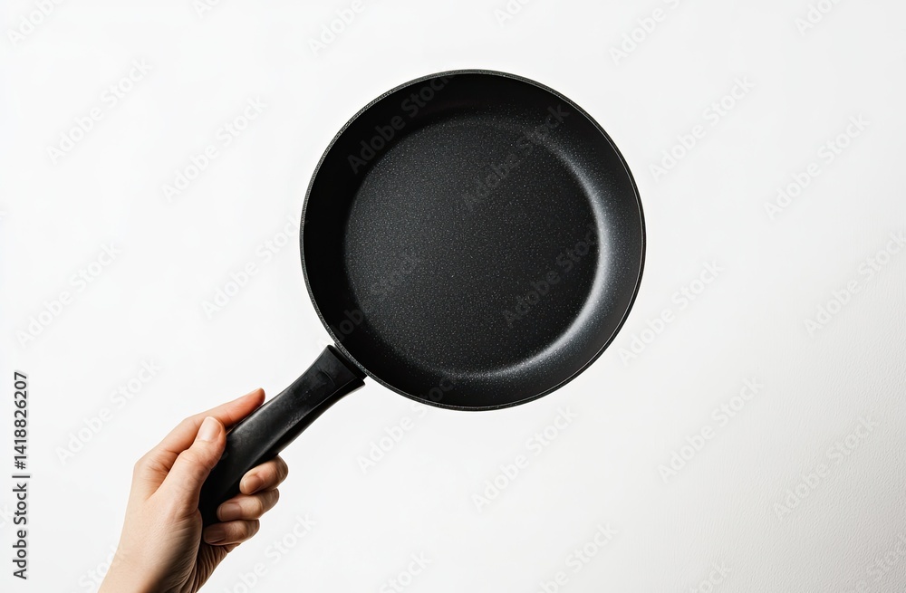 Black frying pan held by hand Black frying pan held by hand