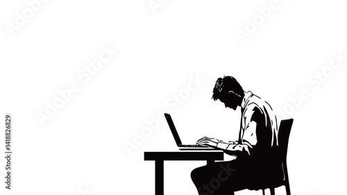 This work presents a stark monochrome illustration, rendered in high-contrast black and white. The composition depicts a businessman, seated at a simple desk, concentrating on his work.