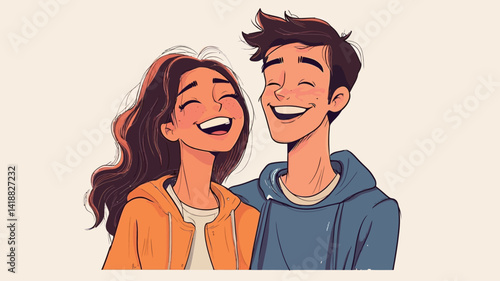 A digital illustration of a young couple, a man and a woman, laughing and talking. The style is cartoonish, slightly exaggerated, and rendered in vector.