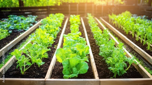 Vegetable garden in raised beds: Rows of vibrant green lettuce and other leafy vegetables thrive in neatly organized raised garden beds, bathed in the warm glow of sunlight.