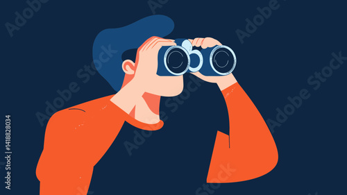 Man Using Binoculars Illustration - Concept of Exploration, Observation, and Searching - Colorful Vector Art for Business, Leisure, and Adventure Themes