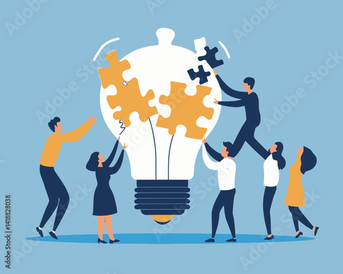 Business Team Collaboration and Strategy Planning Concept Illustration for Problem Solving and Success with People Assembling Lightbulb Jigsaw Puzzle in Flat Minimalist SVG Vector Art
