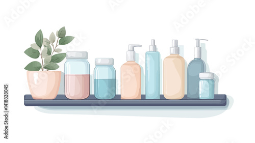 A digital illustration depicts a dark grey shelf filled with pastel colored bottles and jars of various shapes and sizes. The bottles feature push-type dispensers, suggesting lotions or