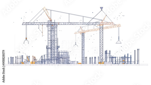 Abstract Vector Illustration of Construction Site with Tower Cranes in City, Minimalist Polygonal Design on Isolated White Background for Architecture and Urban Development Concepts