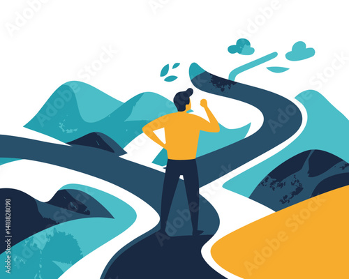 Confused Businessman at Crossroads Choosing Direction for Success, SVG Vector, Opportunities, Decisions, Minimalist Design