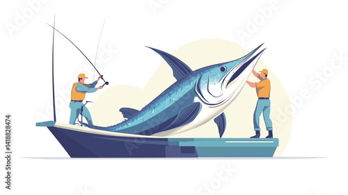 stylized vector illustration depicts two fishermen in a small boat, triumphantly catching a large marlin. The marlin is rendered in bold, flat dark blue and white, creating a striking